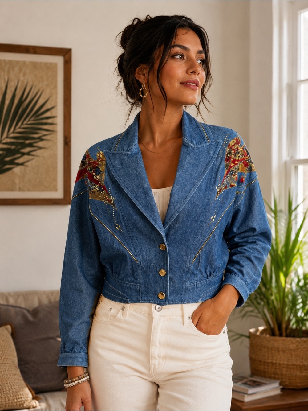 Vintage City Girl Sport Embellished Denim Jacket Southwestern Boho Women’s 10